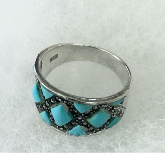 Vintage Sterling Turquoise Marcasite Inlay Ring 7.75 - Picture 7 of 12